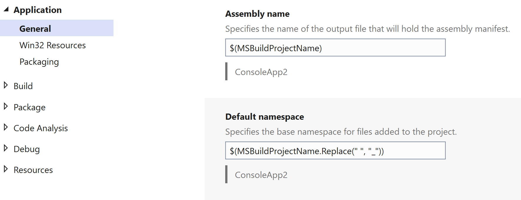 Default namespace in project properties